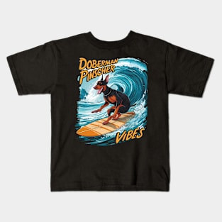 Doberman Pinscher Surfer Riding Tropical Wave Kids T-Shirt